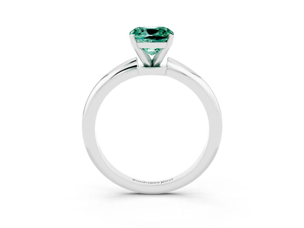 White gold Cushion Cut Green Sapphire Solitaire Ring with Six-Prong Setting and Classic Band