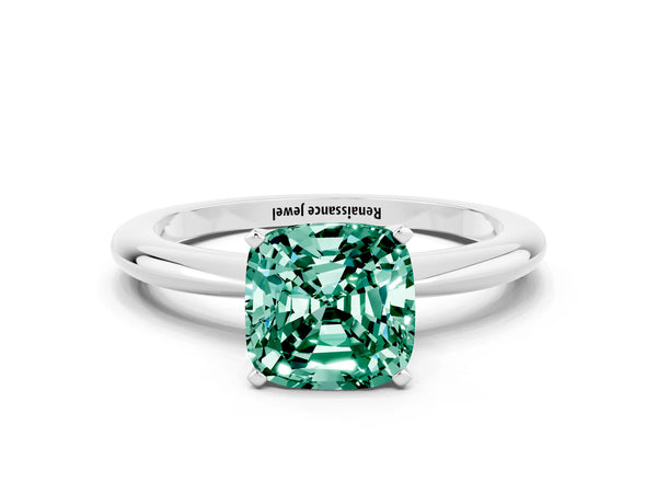 Silver Cushion Cut Green Sapphire Solitaire Ring with Six-Prong Setting and Classic Band