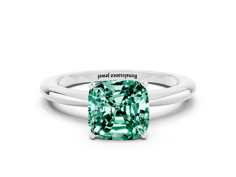 White gold Cushion Cut Green Sapphire Solitaire Ring with Six-Prong Setting and Classic Band