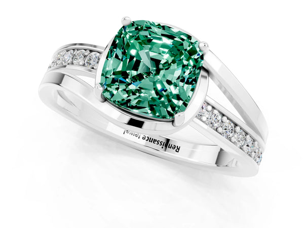 Silver Cushion Cut Green Sapphire Solitaire Ring with Split Shank and Prong Setting