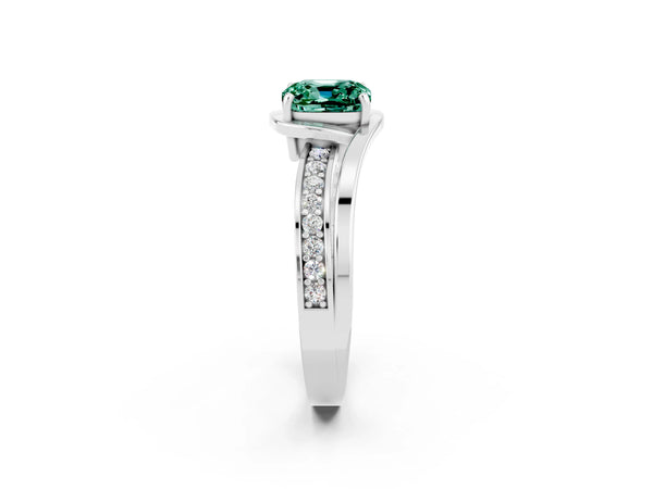 White gold Cushion Cut Green Sapphire Solitaire Ring with Split Shank and Prong Setting