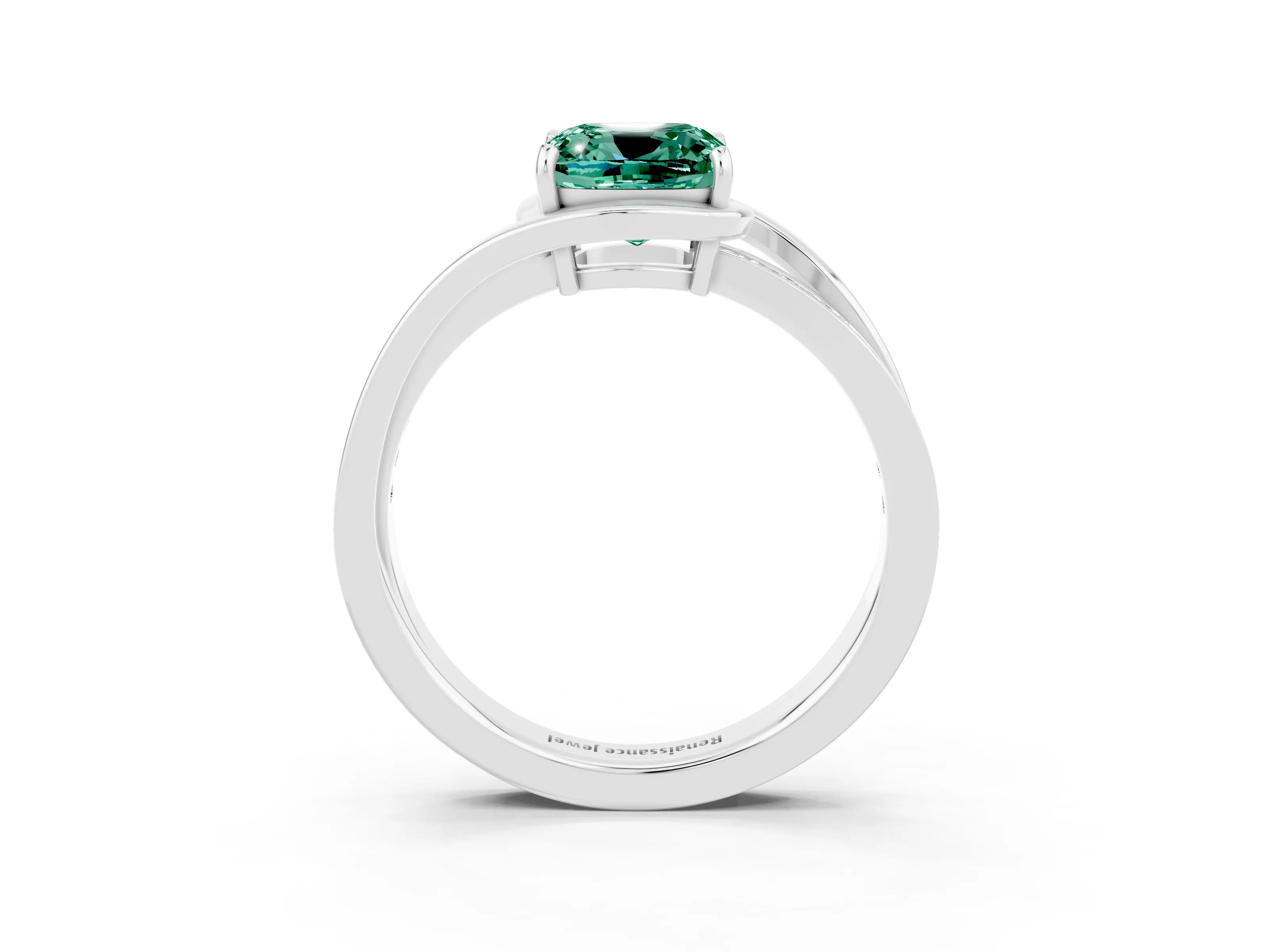 White gold Cushion Cut Green Sapphire Solitaire Ring with Split Shank and Prong Setting_3