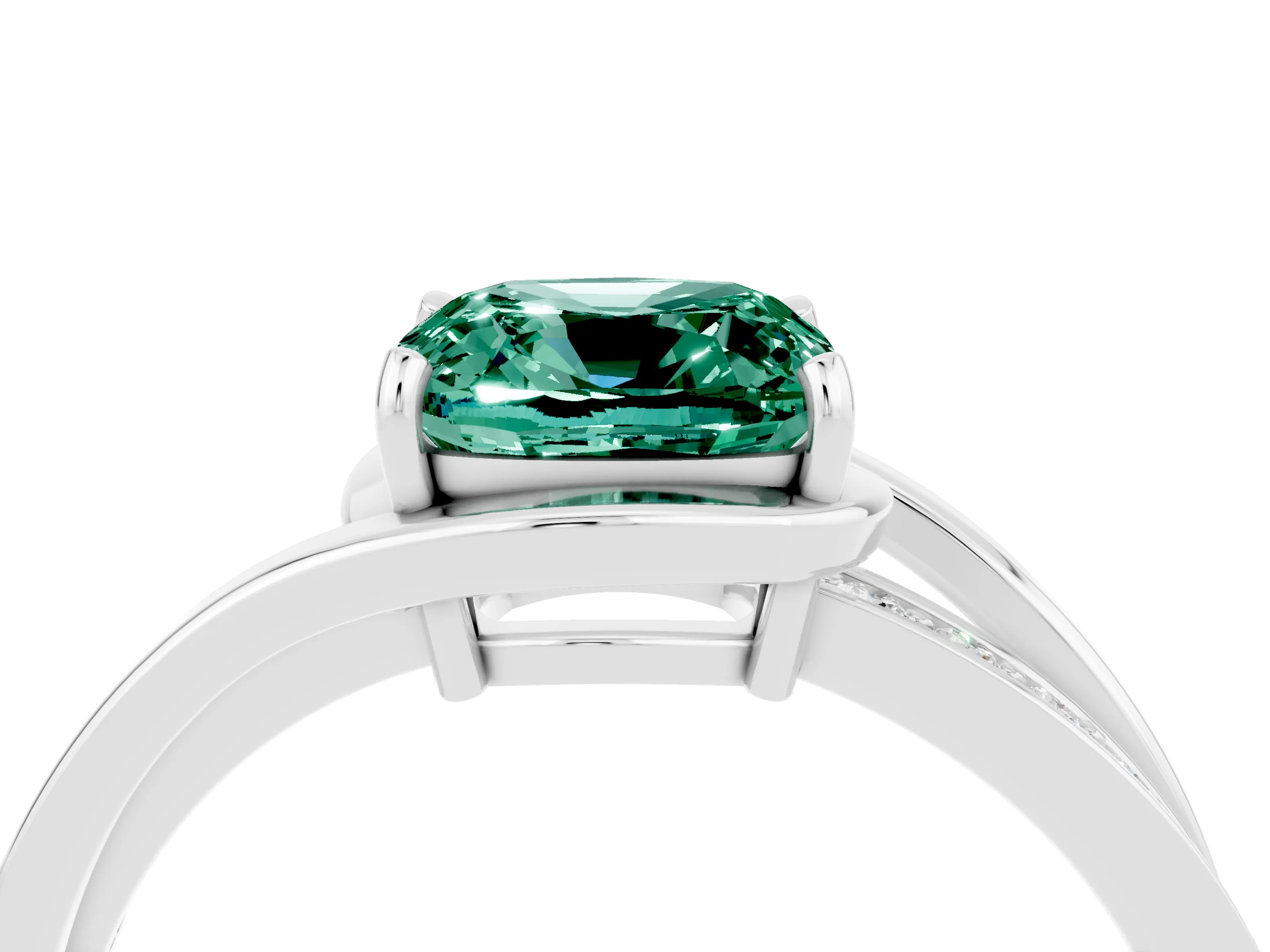 White gold Cushion Cut Green Sapphire Solitaire Ring with Split Shank and Prong Setting_4