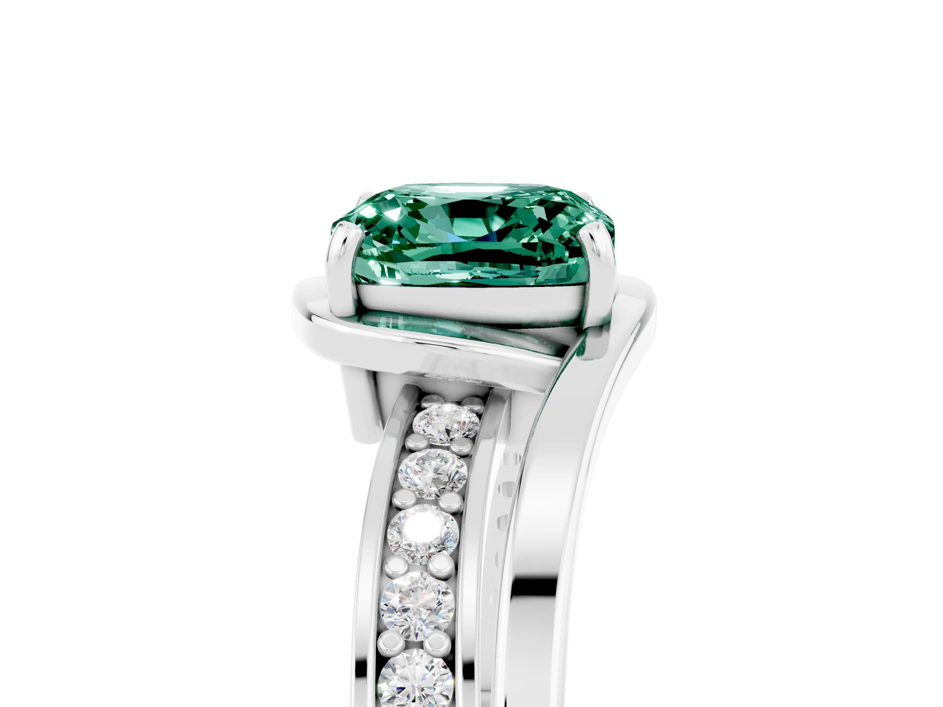 White gold Cushion Cut Green Sapphire Solitaire Ring with Split Shank and Prong Setting_5