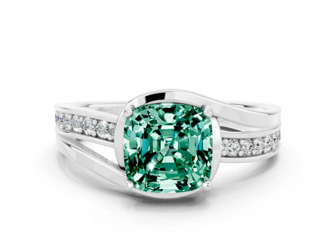 White gold Cushion Cut Green Sapphire Solitaire Ring with Split Shank and Prong Setting