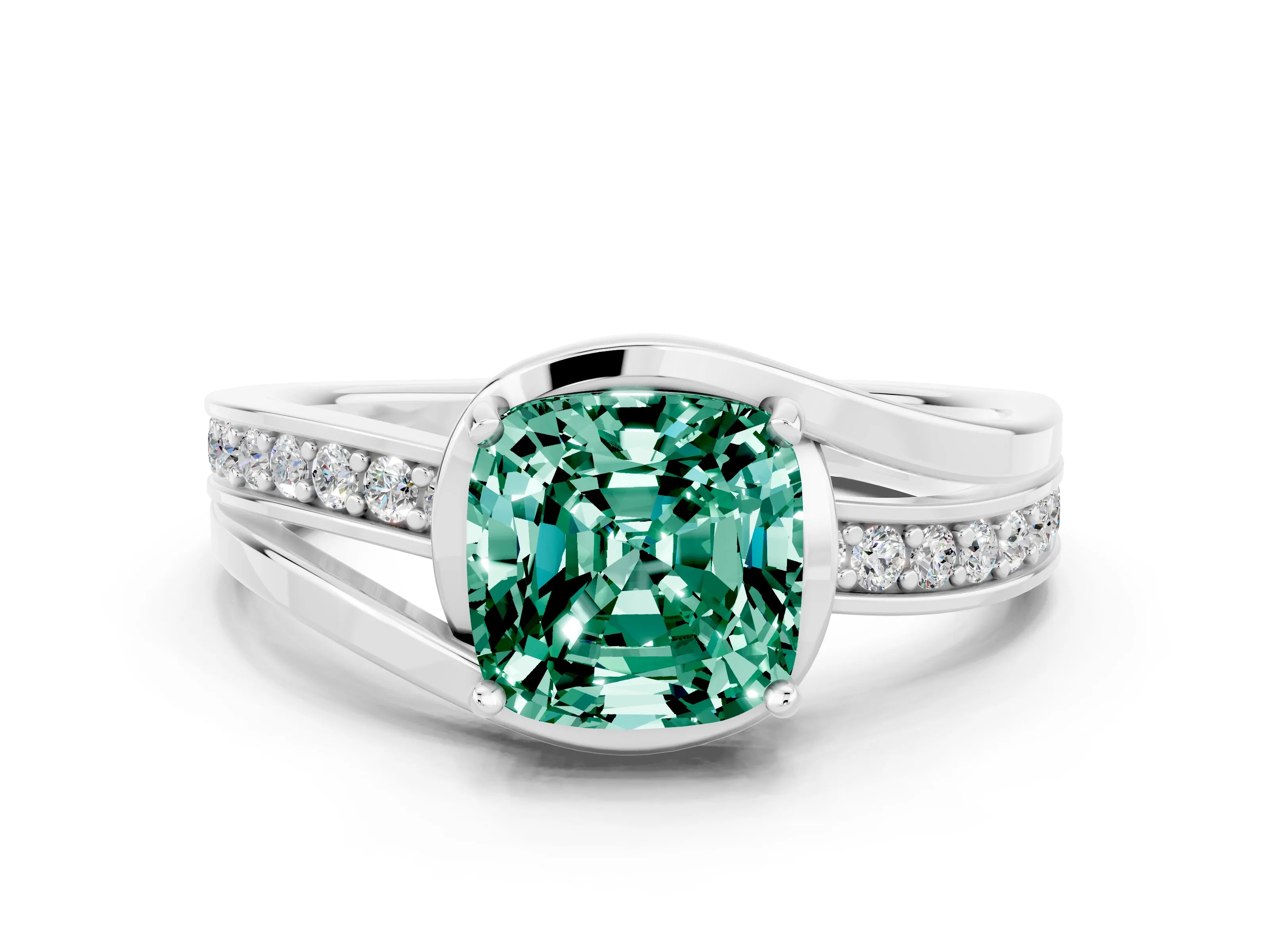 White gold Cushion Cut Green Sapphire Solitaire Ring with Split Shank and Prong Setting