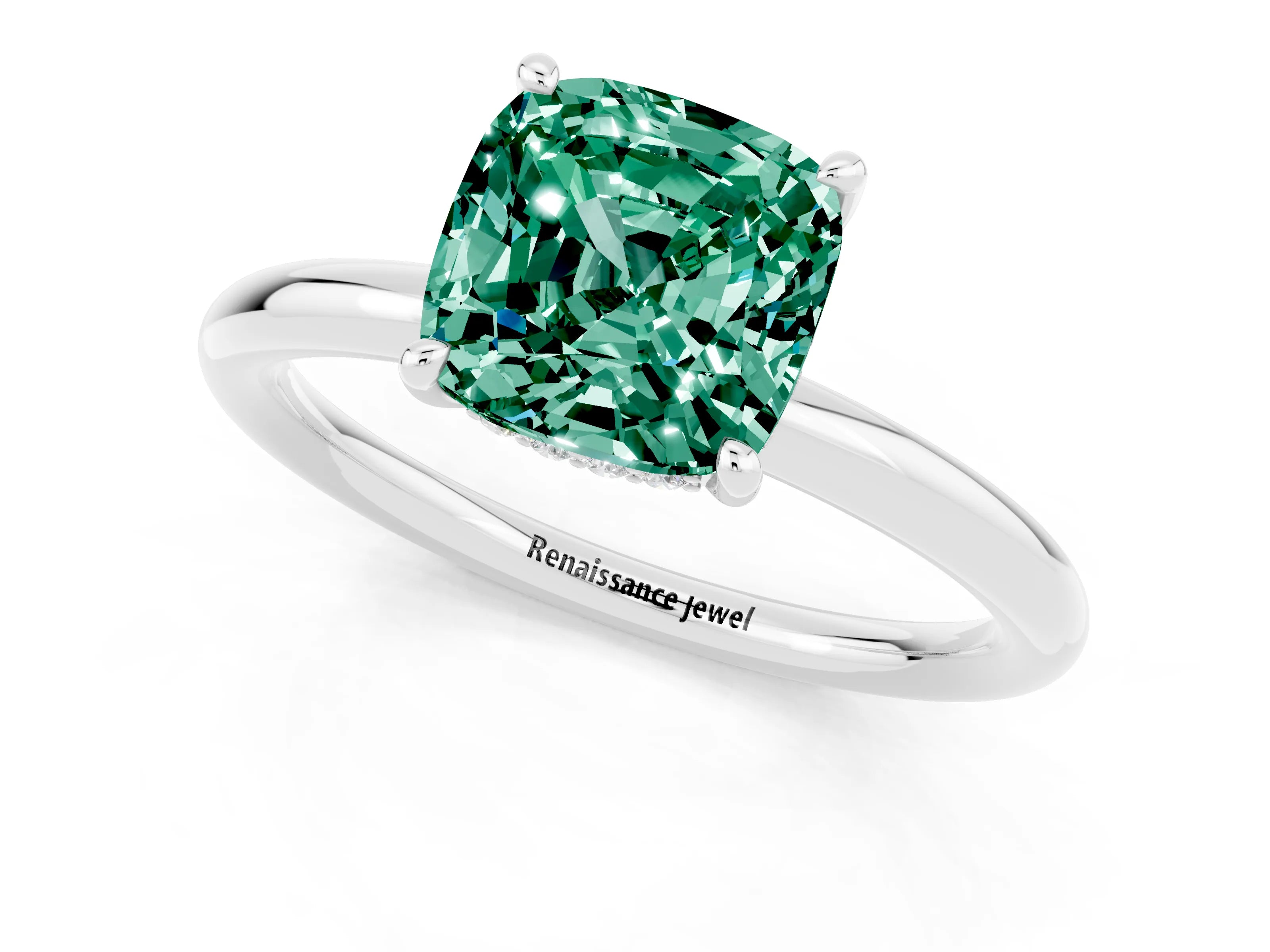 White gold Cushion Cut Green Sapphire Solitaire Ring with Thin Band and Four-Prong Setting_1