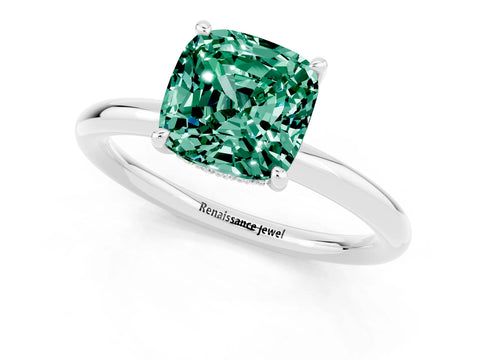 White gold Cushion Cut Green Sapphire Solitaire Ring with Thin Band and Four-Prong Setting_1