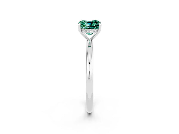 Silver Cushion Cut Green Sapphire Solitaire Ring with Thin Band and Four-Prong Setting