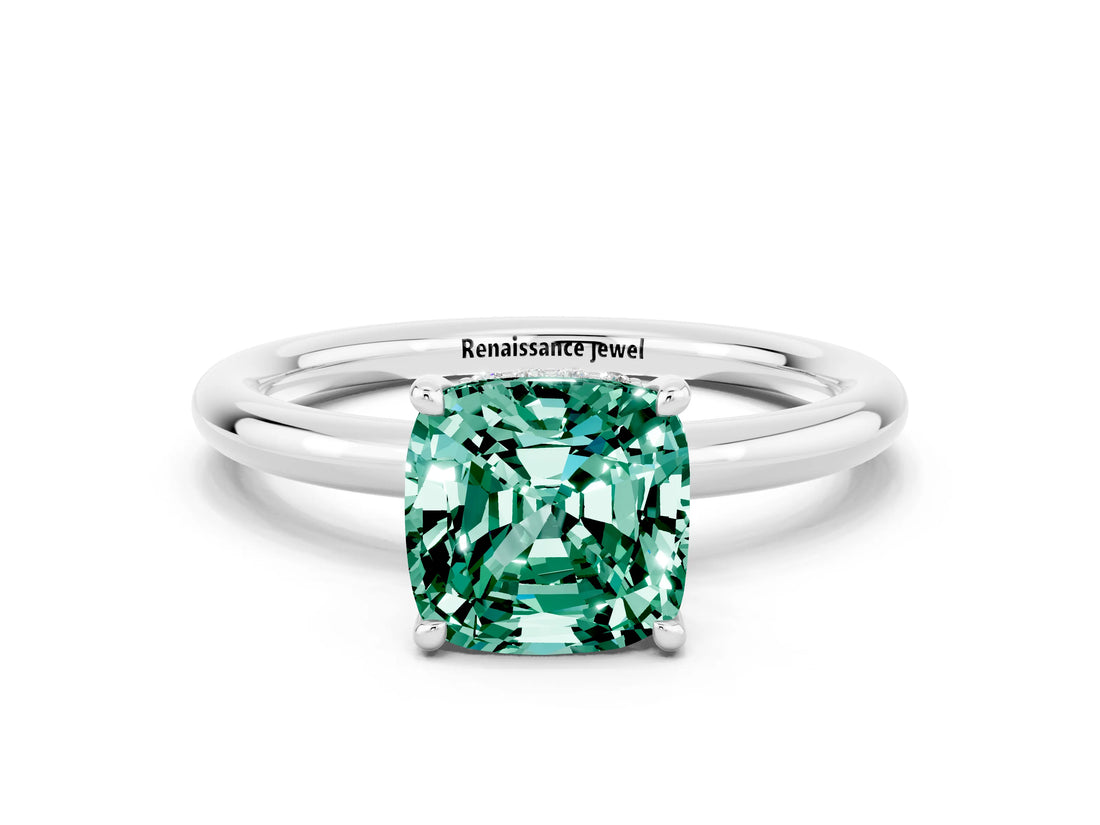 White gold Cushion Cut Green Sapphire Solitaire Ring with Thin Band and Four-Prong Setting