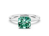 White gold Cushion Cut Green Sapphire Solitaire Ring with Thin Band and Four-Prong Setting