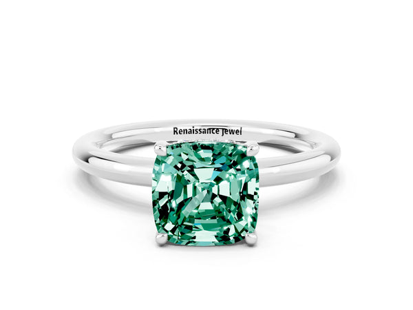 White gold Cushion Cut Green Sapphire Solitaire Ring with Thin Band and Four-Prong Setting