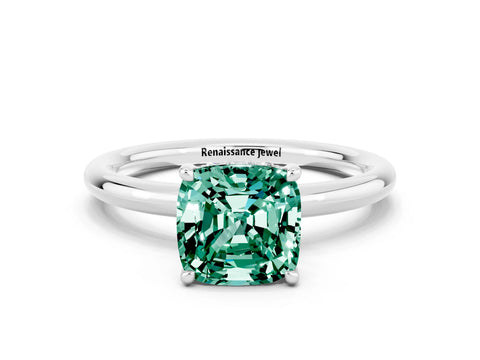 White gold Cushion Cut Green Sapphire Solitaire Ring with Thin Band and Four-Prong Setting