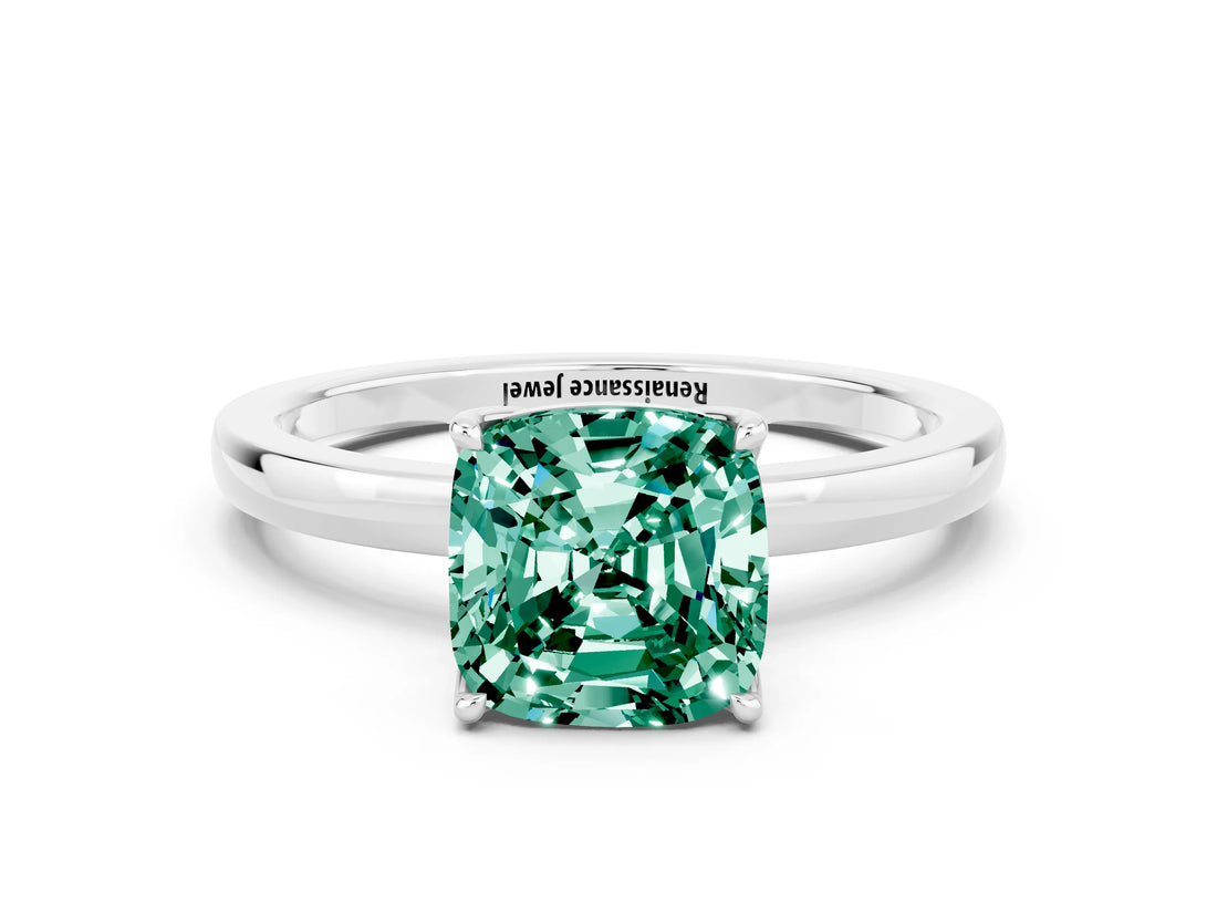 White gold Cushion Cut Green Sapphire Solitaire Ring with Thin Band and Prong Setting_12