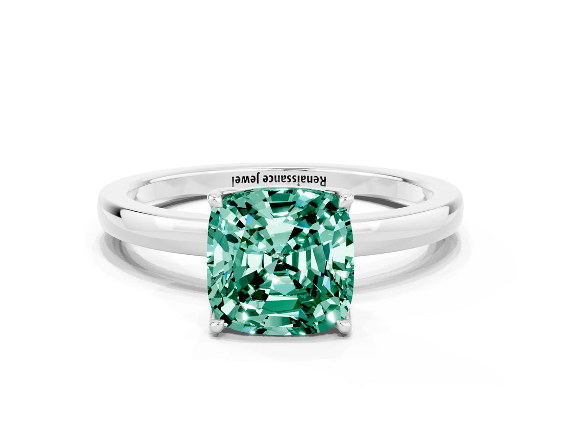 White gold Cushion Cut Green Sapphire Solitaire Ring with Thin Band and Prong Setting_36