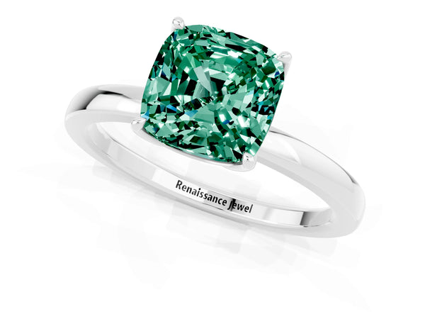 White gold Cushion Cut Green Sapphire Solitaire Ring with Thin Band and Prong Setting