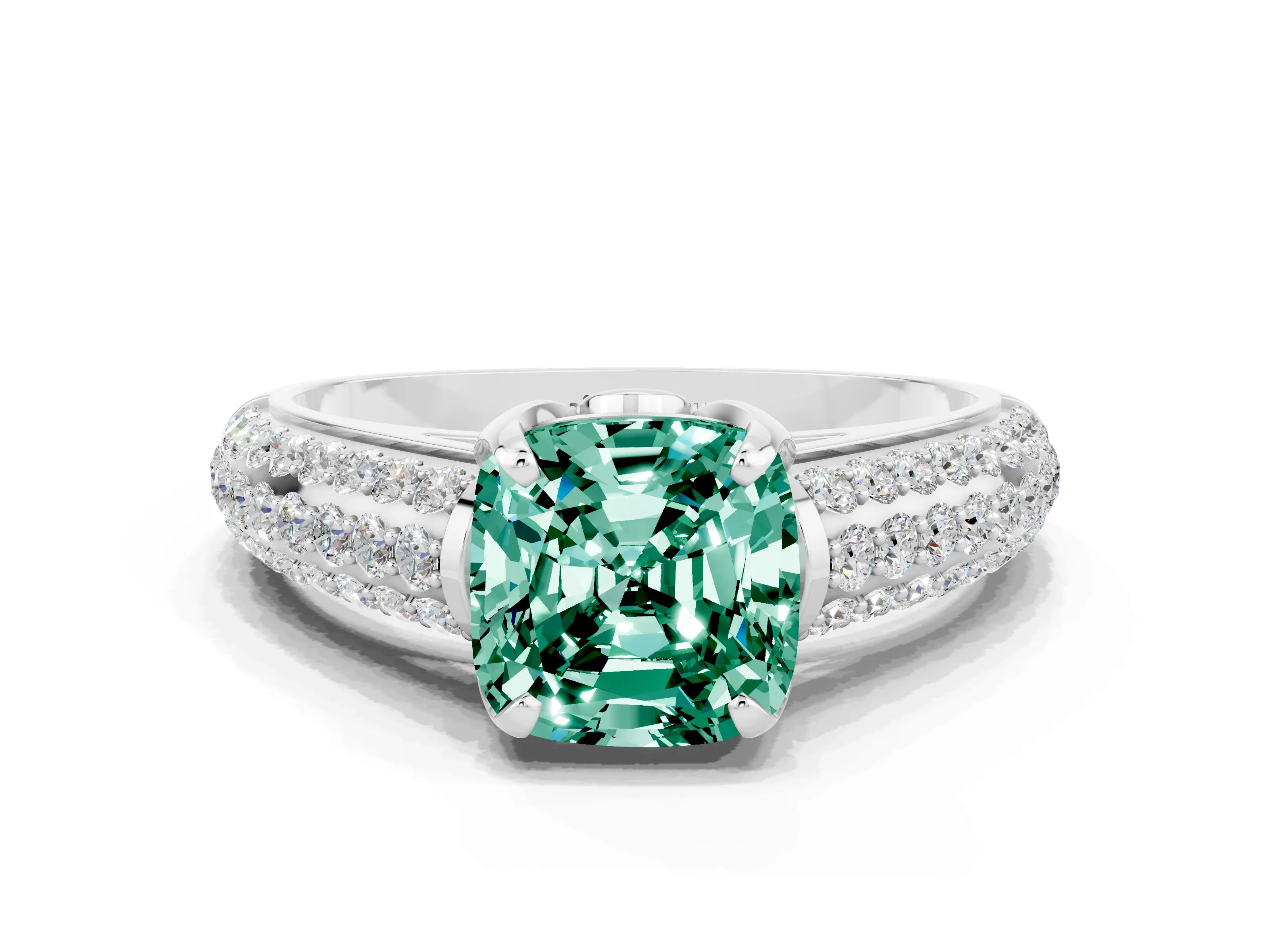 White gold Cushion Cut Green Sapphire Solitaire Ring with Three-Row Pavé Band and Four-Prong Setting_12