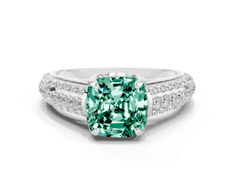 White gold Cushion Cut Green Sapphire Solitaire Ring with Three-Row Pavé Band and Four-Prong Setting_12