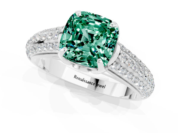 Platinum Cushion Cut Green Sapphire Solitaire Ring with Three-Row Pavé Band and Four-Prong Setting