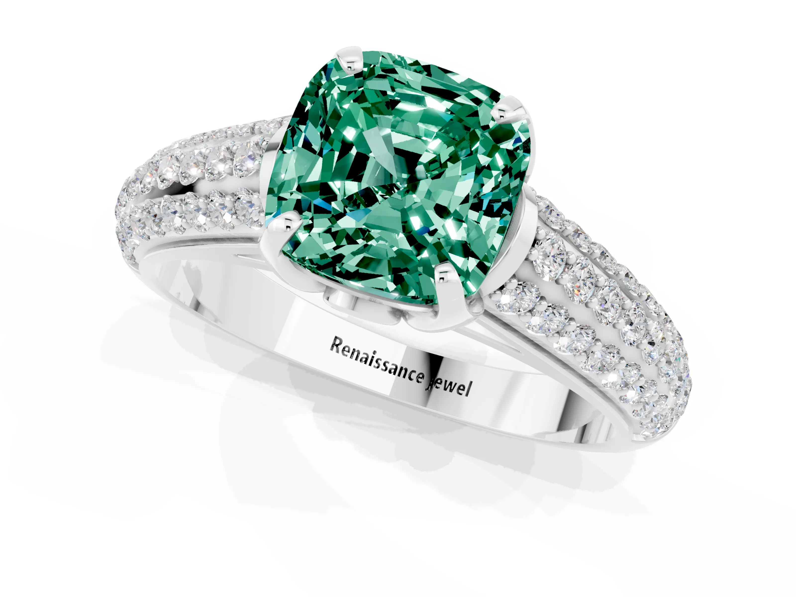 White gold Cushion Cut Green Sapphire Solitaire Ring with Three-Row Pavé Band and Four-Prong Setting_13