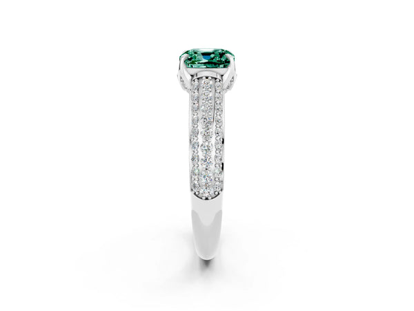 White gold Cushion Cut Green Sapphire Solitaire Ring with Three-Row Pavé Band and Four-Prong Setting