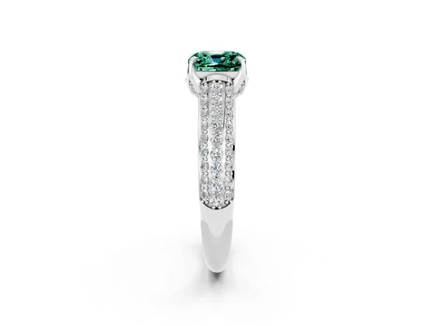 White gold Cushion Cut Green Sapphire Solitaire Ring with Three-Row Pavé Band and Four-Prong Setting_14