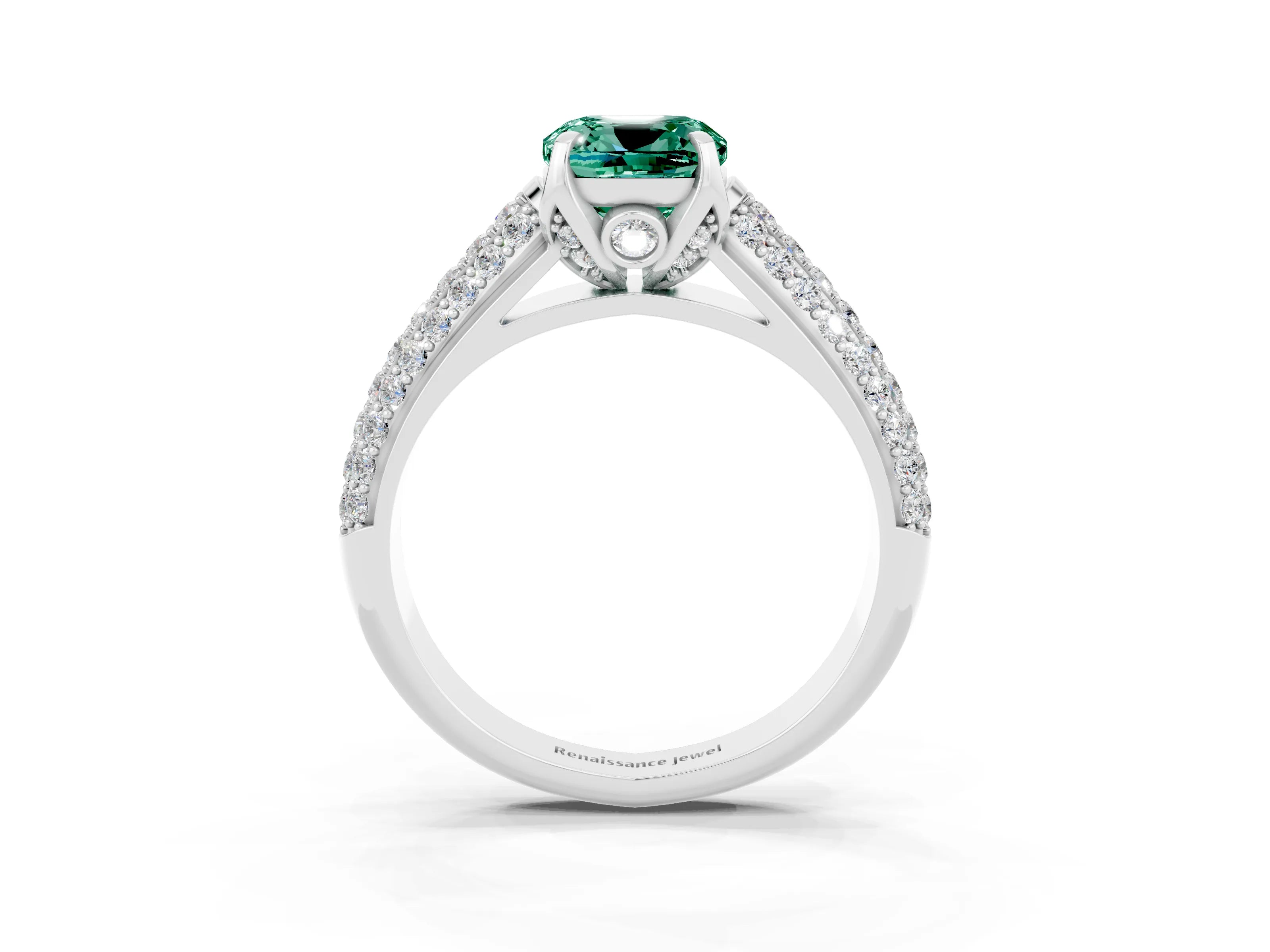 White gold Cushion Cut Green Sapphire Solitaire Ring with Three-Row Pavé Band and Four-Prong Setting_15