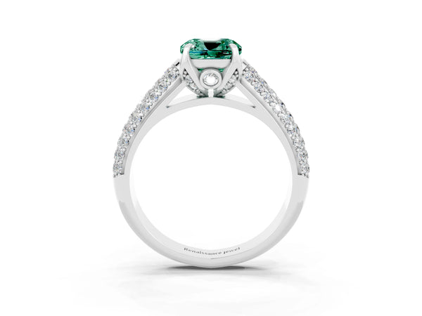 White gold Cushion Cut Green Sapphire Solitaire Ring with Three-Row Pavé Band and Four-Prong Setting