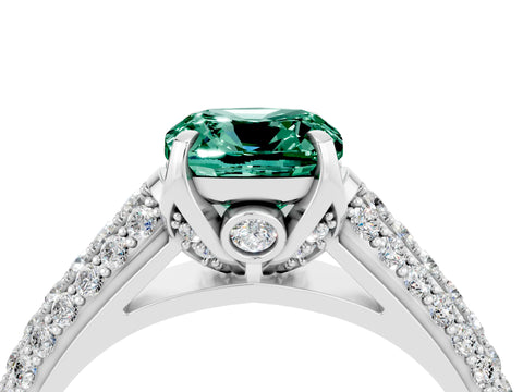 White gold Cushion Cut Green Sapphire Solitaire Ring with Three-Row Pavé Band and Four-Prong Setting_16