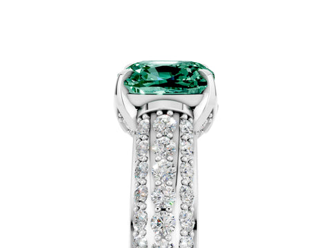 White gold Cushion Cut Green Sapphire Solitaire Ring with Three-Row Pavé Band and Four-Prong Setting_17