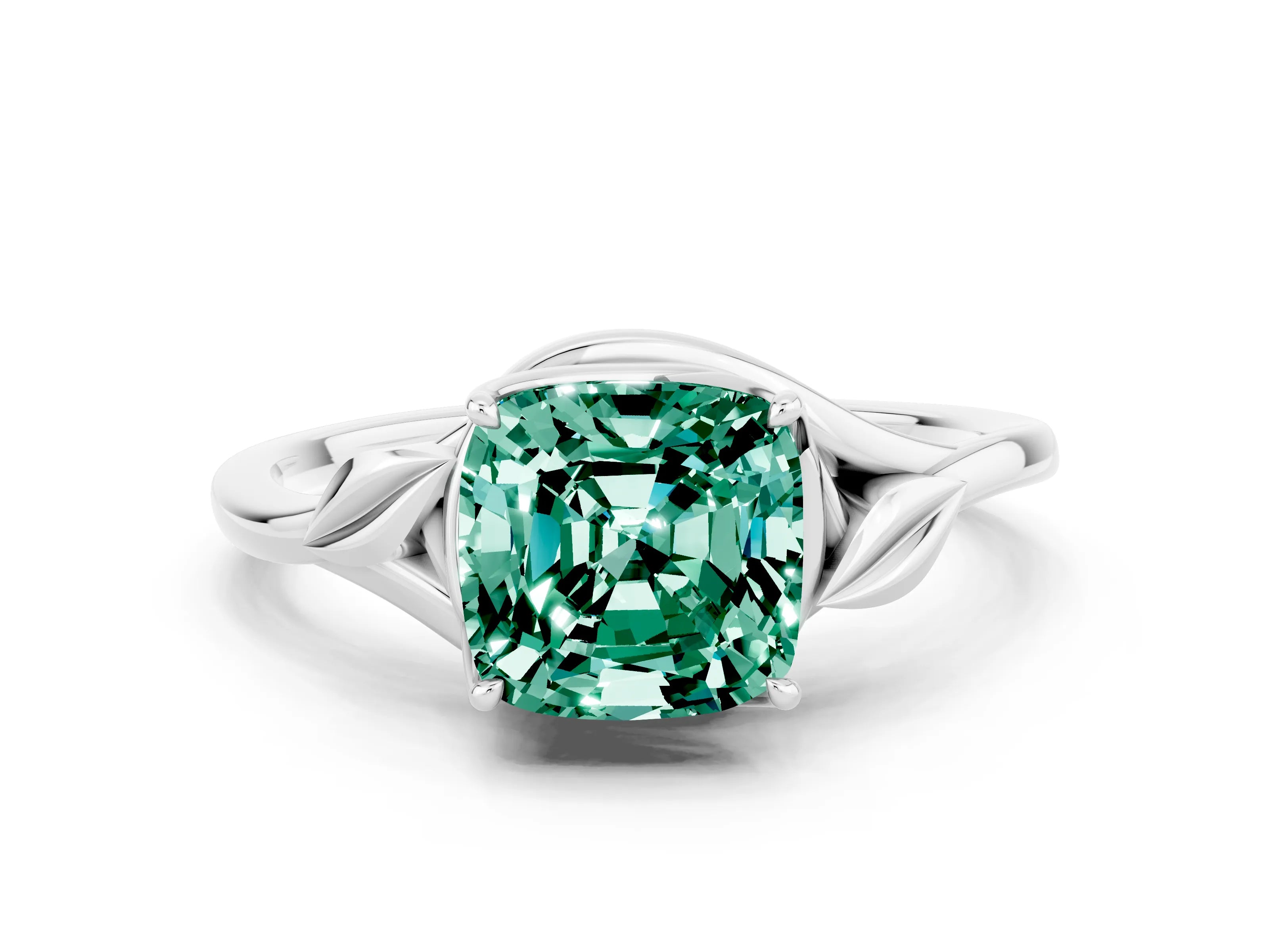 White gold Cushion Cut Green Sapphire Solitaire Ring with Twist Band and Four-Prong Setting_12