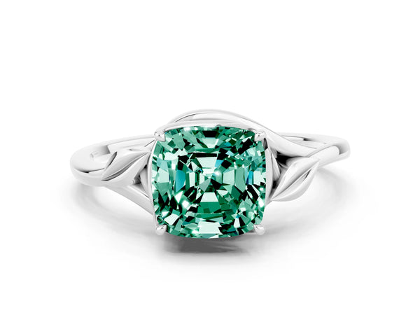 Silver Cushion Cut Green Sapphire Solitaire Ring with Twist Band and Four-Prong Setting