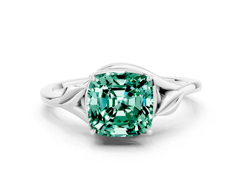 White gold Cushion Cut Green Sapphire Solitaire Ring with Twist Band and Four-Prong Setting_12