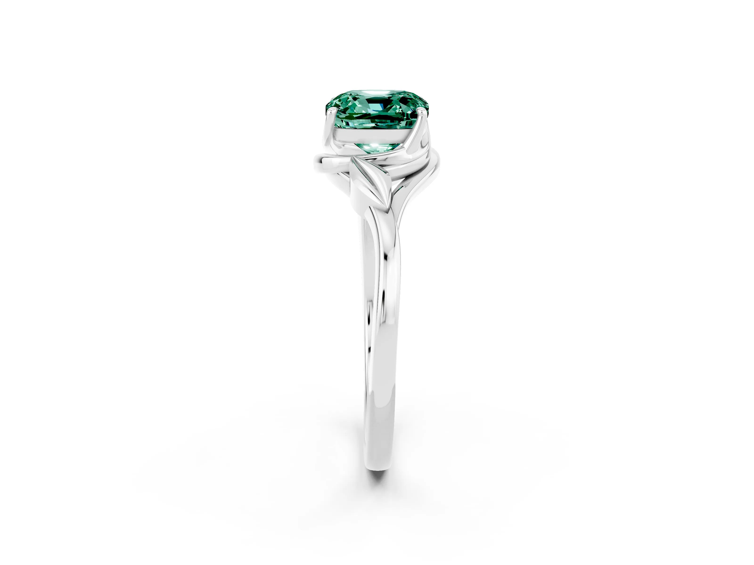White gold Cushion Cut Green Sapphire Solitaire Ring with Twist Band and Four-Prong Setting_14