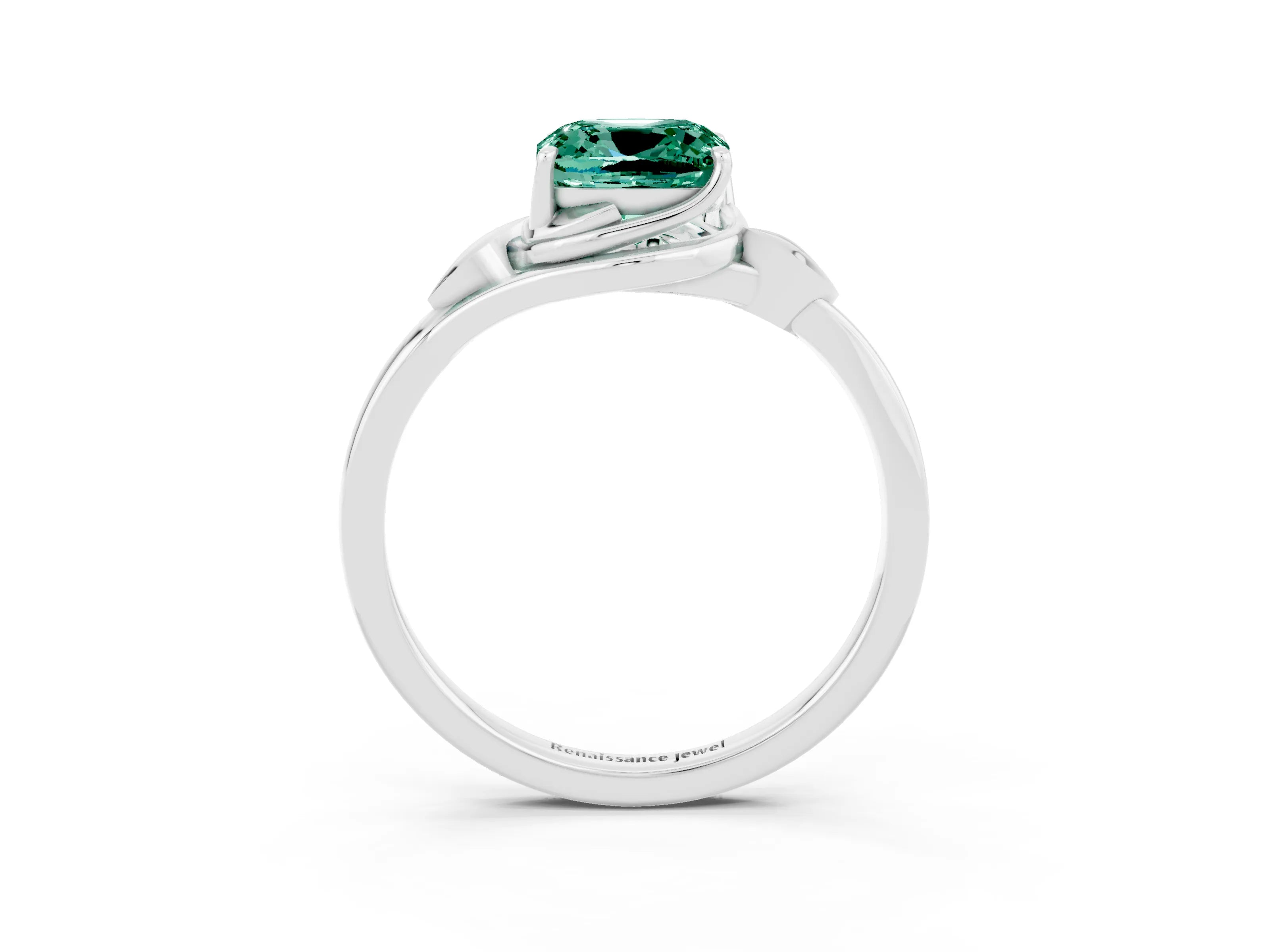 White gold Cushion Cut Green Sapphire Solitaire Ring with Twist Band and Four-Prong Setting_15