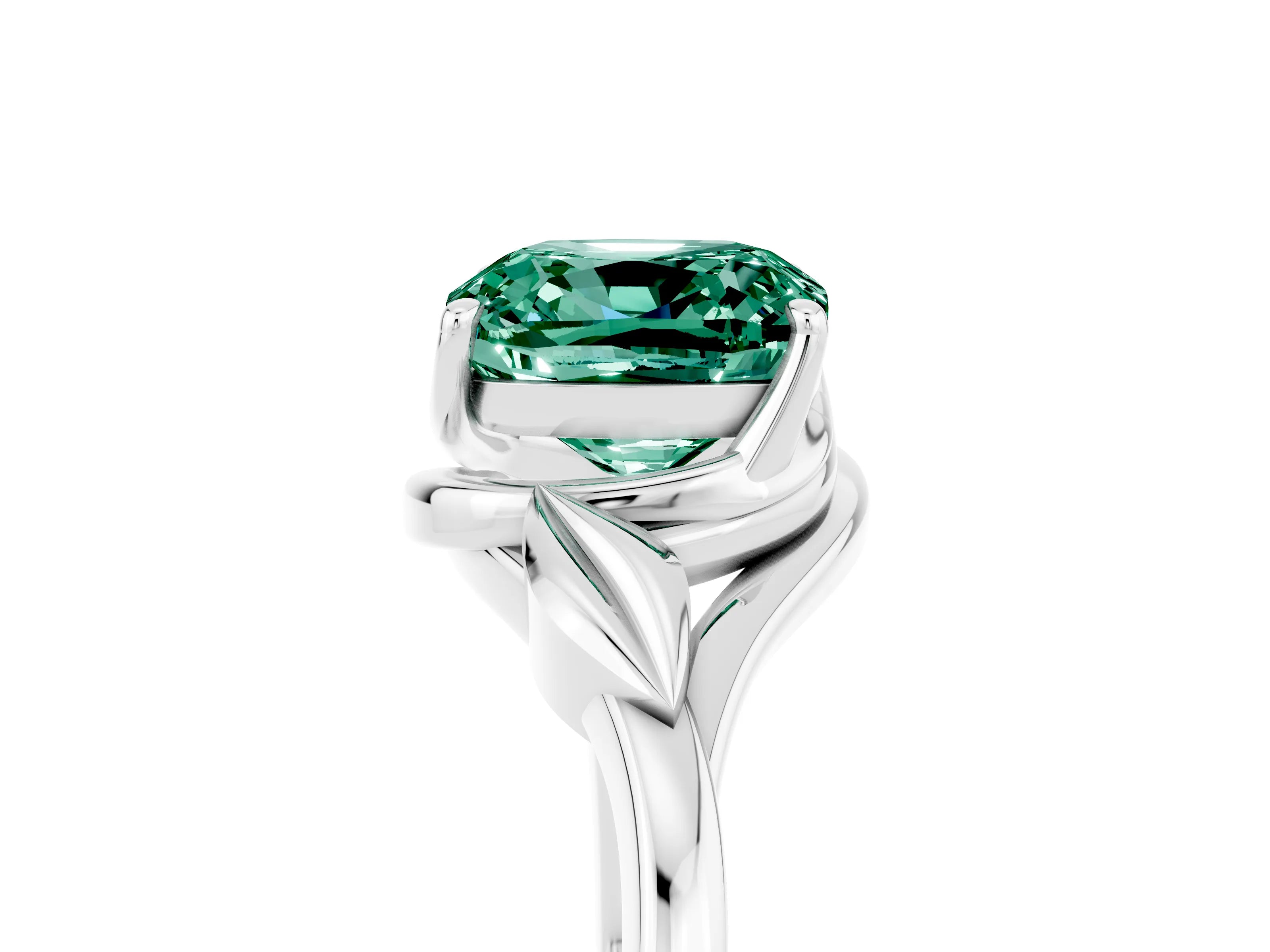 White gold Cushion Cut Green Sapphire Solitaire Ring with Twist Band and Four-Prong Setting_17