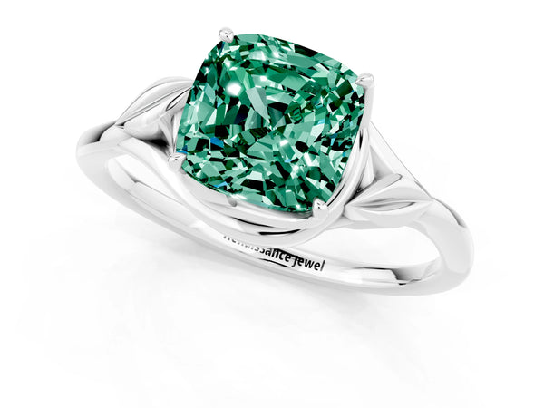 White gold Cushion Cut Green Sapphire Solitaire Ring with Twist Band and Four-Prong Setting