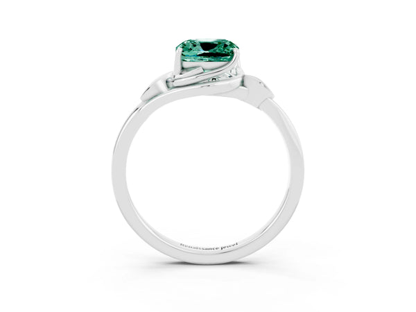 White gold Cushion Cut Green Sapphire Solitaire Ring with Twist Band and Four-Prong Setting