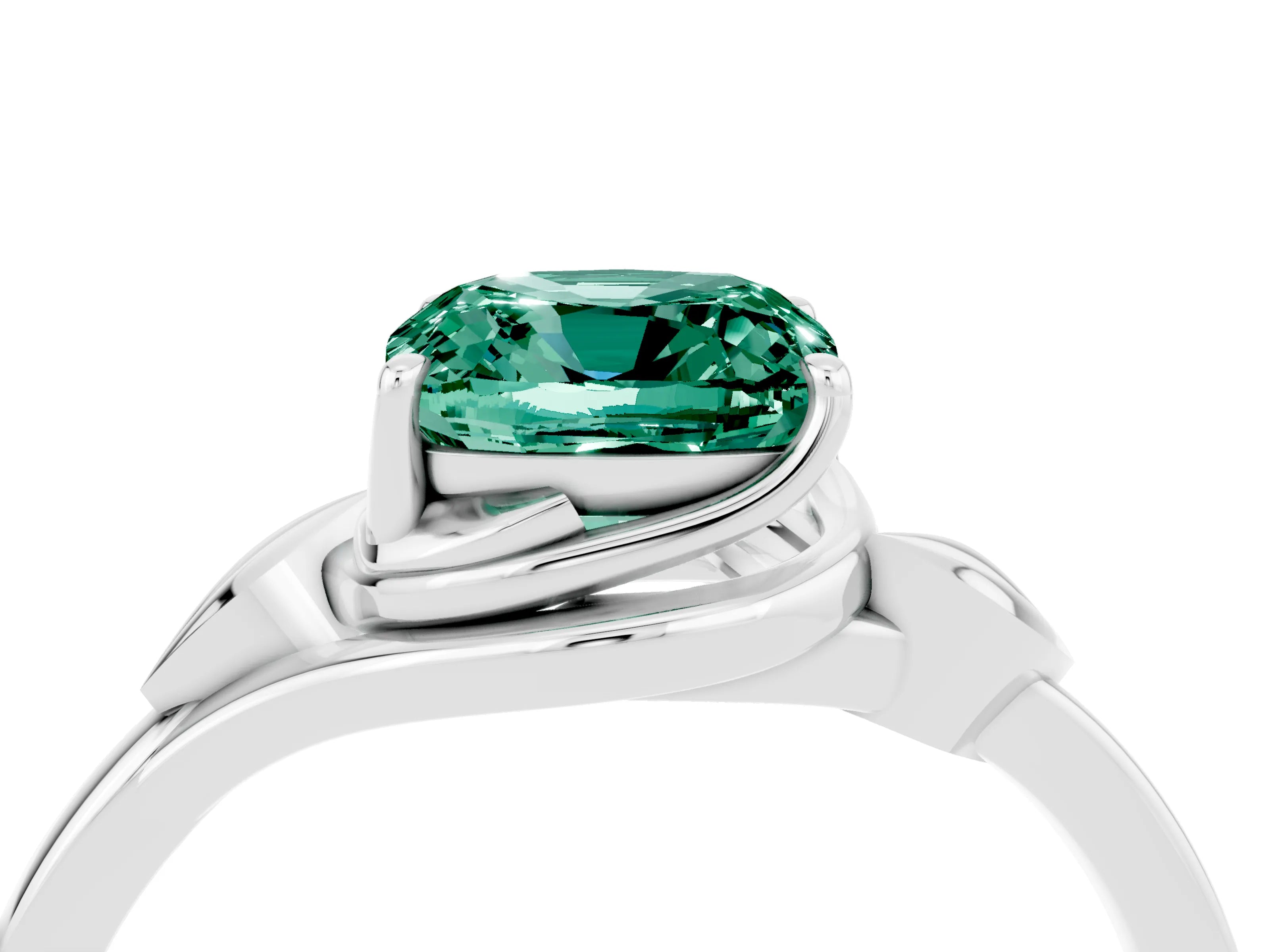 White gold Cushion Cut Green Sapphire Solitaire Ring with Twist Band and Four-Prong Setting_40