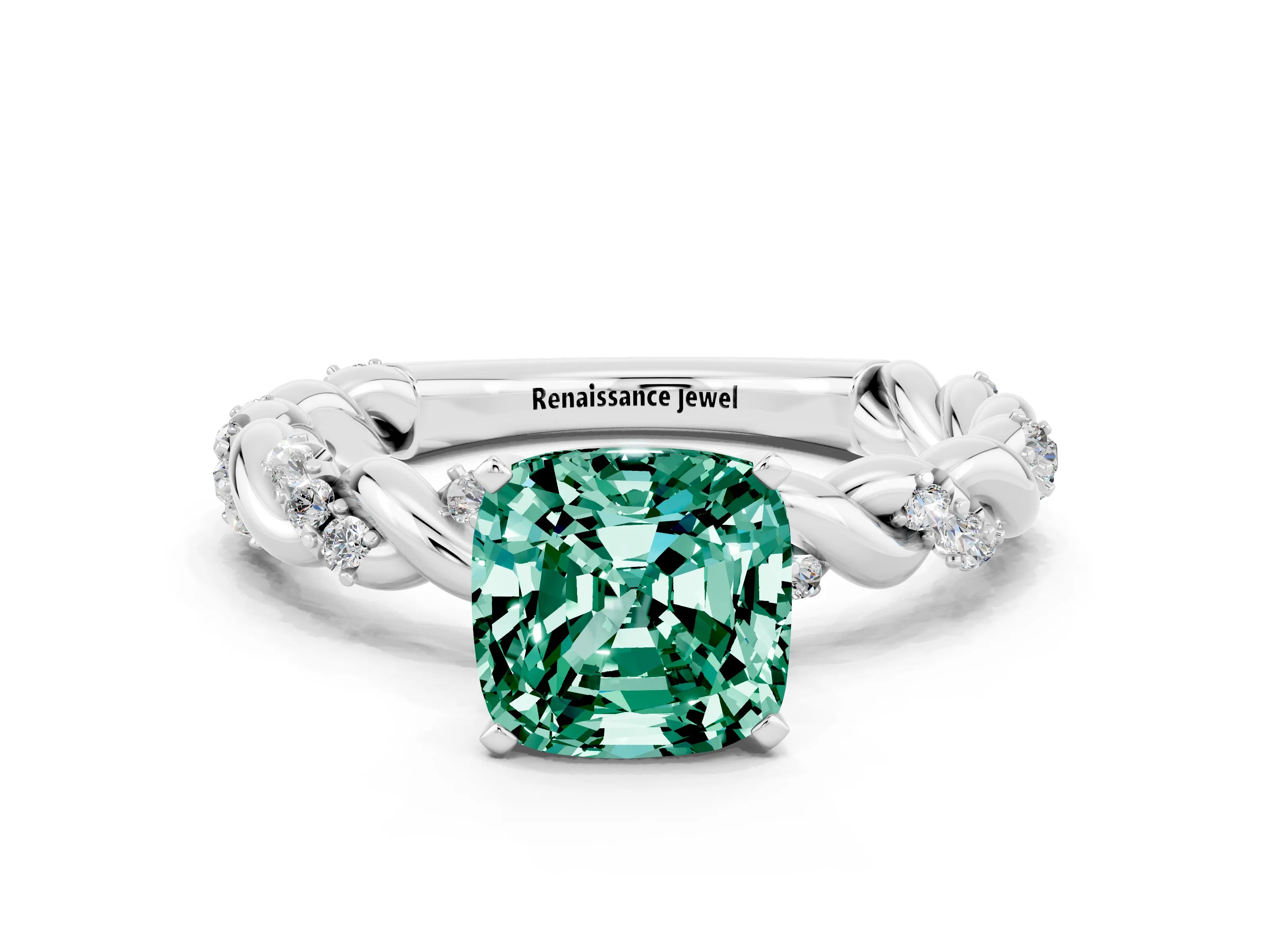 White gold Cushion Cut Green Sapphire Solitaire Ring with Twisted Band and Pavé Accents