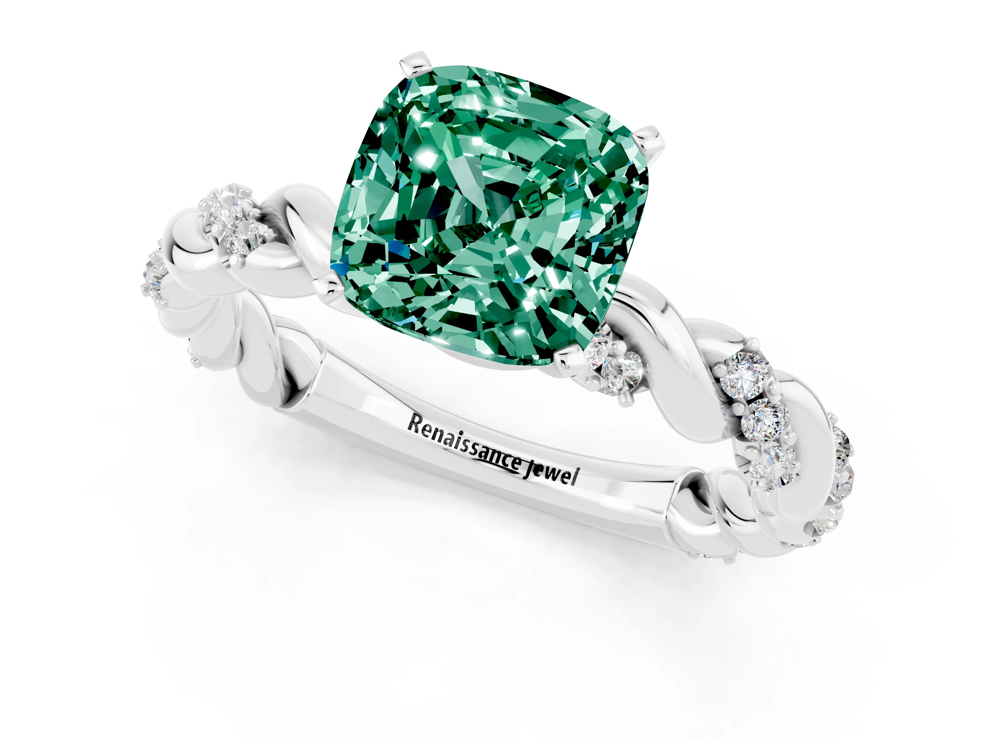 White gold Cushion Cut Green Sapphire Solitaire Ring with Twisted Band and Pavé Accents_1