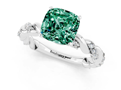 White gold Cushion Cut Green Sapphire Solitaire Ring with Twisted Band and Pavé Accents_1