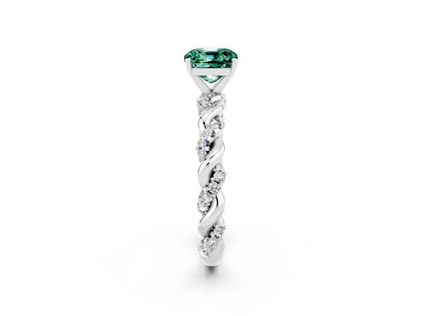 Silver Cushion Cut Green Sapphire Solitaire Ring with Twisted Band and Pavé Accents