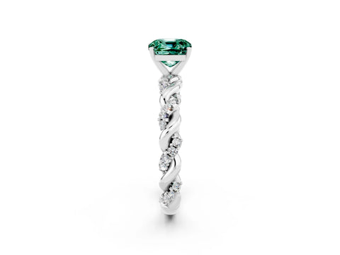 White gold Cushion Cut Green Sapphire Solitaire Ring with Twisted Band and Pavé Accents_2