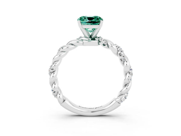 Platinum Cushion Cut Green Sapphire Solitaire Ring with Twisted Band and Pavé Accents