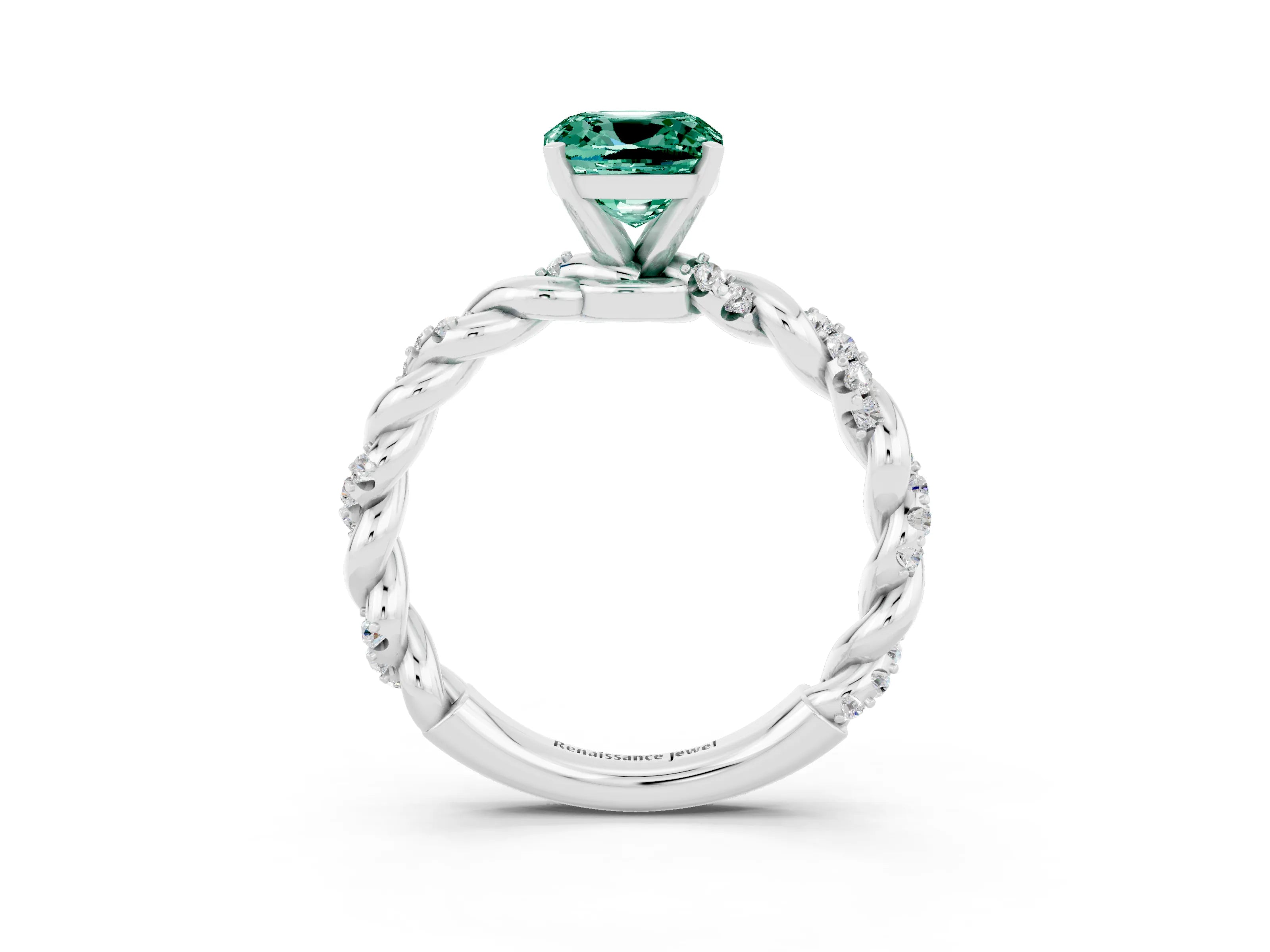 White gold Cushion Cut Green Sapphire Solitaire Ring with Twisted Band and Pavé Accents_3