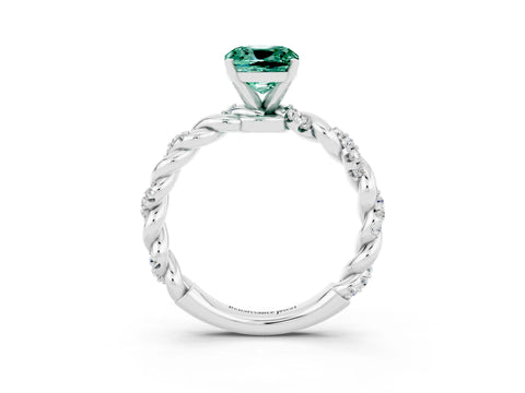 White gold Cushion Cut Green Sapphire Solitaire Ring with Twisted Band and Pavé Accents_3