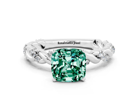 White gold Cushion Cut Green Sapphire Solitaire Ring with Twisted Band and Pavé Accents
