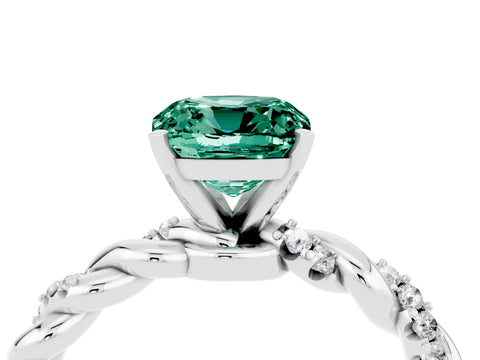 White gold Cushion Cut Green Sapphire Solitaire Ring with Twisted Band and Pavé Accents_4