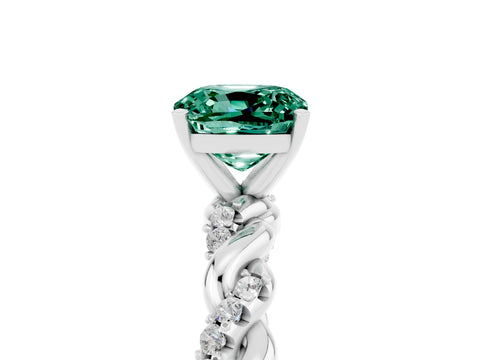 White gold Cushion Cut Green Sapphire Solitaire Ring with Twisted Band and Pavé Accents_5